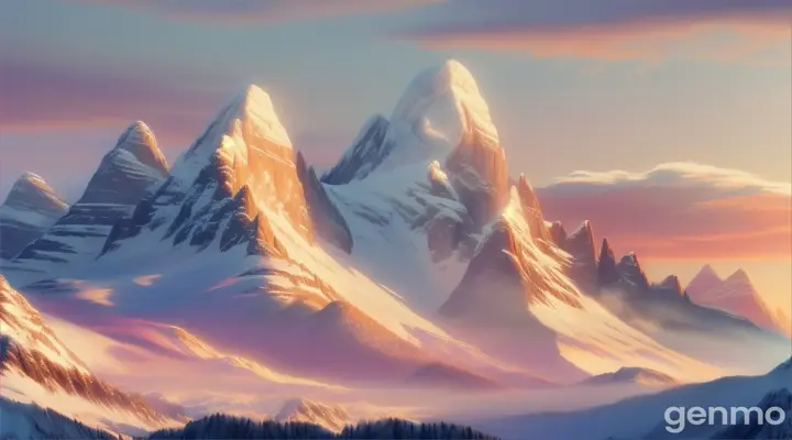 Snow-covered mountain peak at sunrise, soft light, oil painting