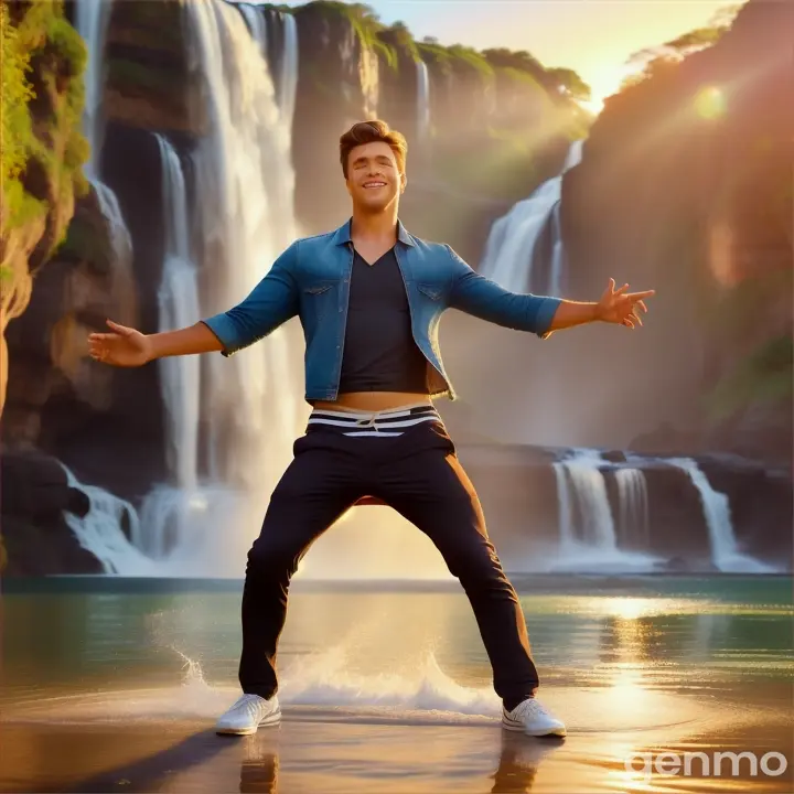  A man is dancing on pop song 
music in beautiful place video 1:1