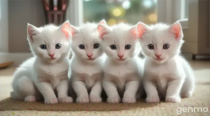 Five white little kittens sitting on a mat, 16:9