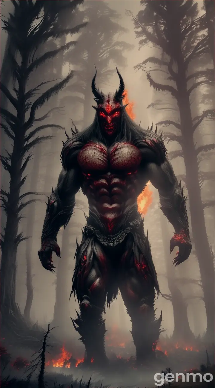 **Prompt 2:** The moment when a terrifying demon emerges from the dark forest, towering over the trees. The demon has burning red eyes and a face covered in deep, festering wounds. Its massive, muscular form is both menacing and horrifying as it approaches the village.