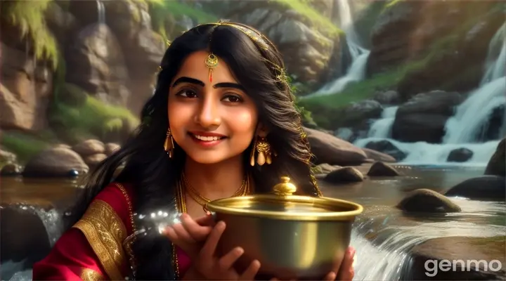 Visual: The scene shifts to a clear mountain stream, where Radha, a young and beautiful woman, is filling a brass pot with water. She is dressed in traditional mountain attire, with a shy smile on her face. Aarav arrives at the stream and notices Radha for the first time.
Lyrics:
"राधा रे राधा रे प्रीत मेरी सच्ची, रुक जा ना जा दिल तोड़के"
Aarav is captivated by Radha's beauty and innocence. He hesitates, then approaches her, offering to help with the heavy pot.