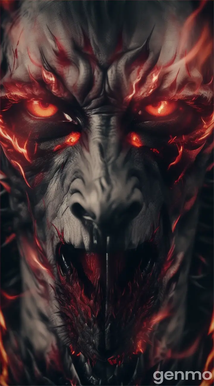 **Prompt 3:** A close-up of the demon’s face, with its fiery red eyes glowing intensely and deep, raw wounds across its face. Its expression is filled with rage and hunger, making it a truly fearsome sight.