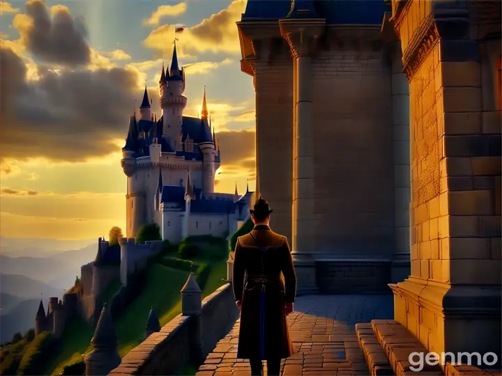 a man standing in front of a castle at sunset