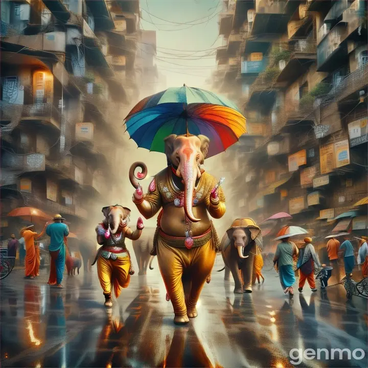 a painting of an elephant with an umbrella