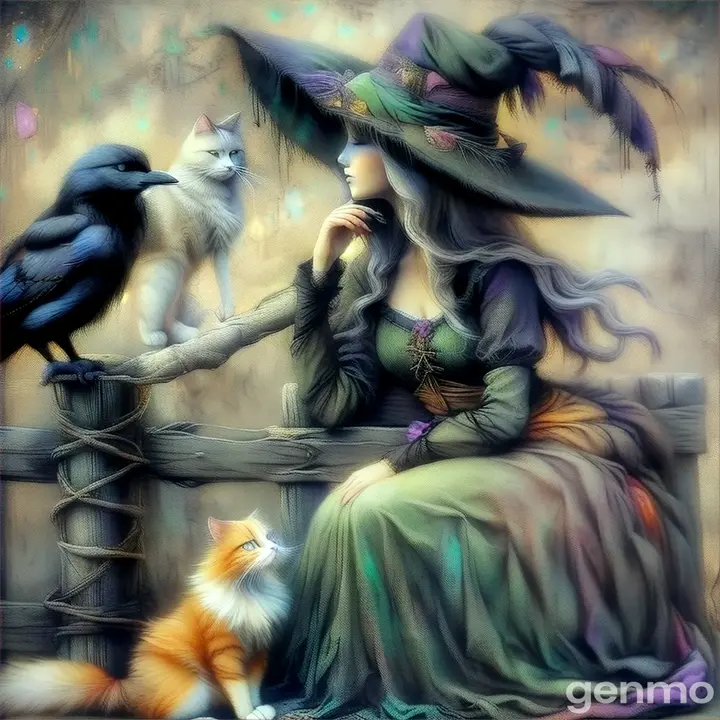 a painting of a woman sitting on a fence with a cat