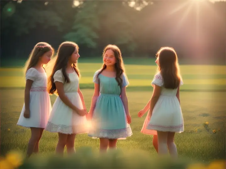  in an idyllic scene, a group of young girls gather in a sun-drenched field, their laughter mingling with the chirping of birds, cinematic style