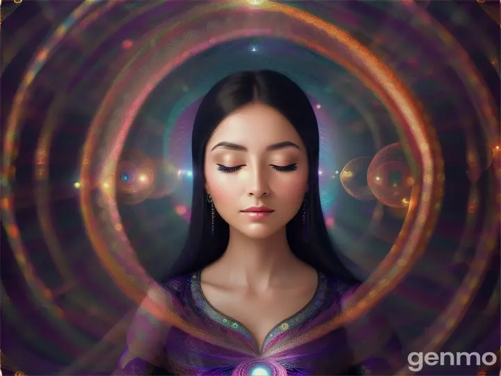 A digital artwork of a woman with her eyes closed, seated in ameditative posture. She is wearing a shimmering garment with intricate patterns of concentric circles, spirals, lattices, and tunnels. The background is a dazzling display of form constants—grids, spirals, cobwebs, and tunnels—interwoven with vibrant, pulsating colors. The lighting is ethereal and multi-dimensional.