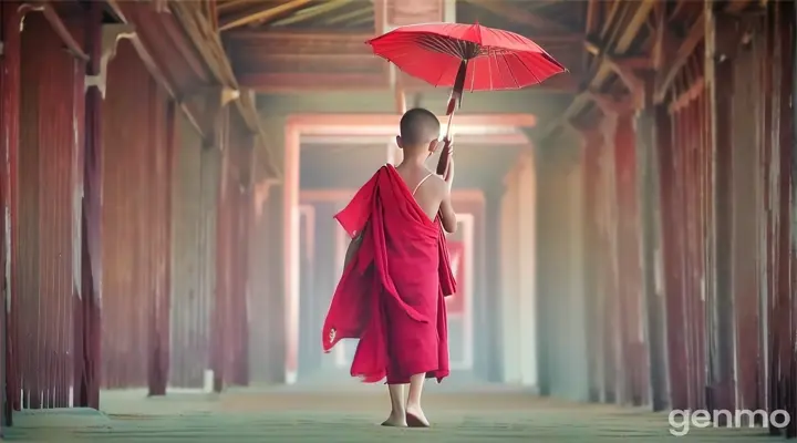 boy in a red dress holding an umbrella walking forward