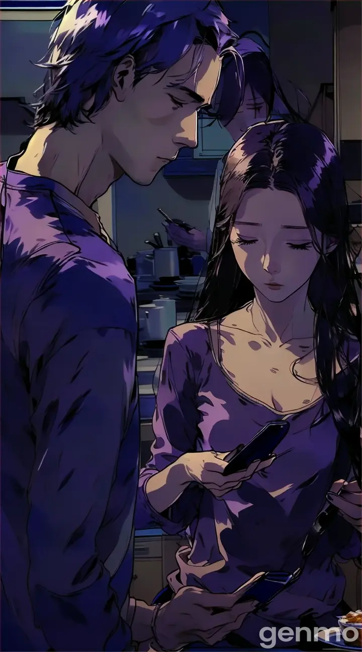 An anime-style couple in the kitchen, husband looking down at his phone while the wife busily prepares breakfast. The lighting is soft, but the distance between them is palpable.