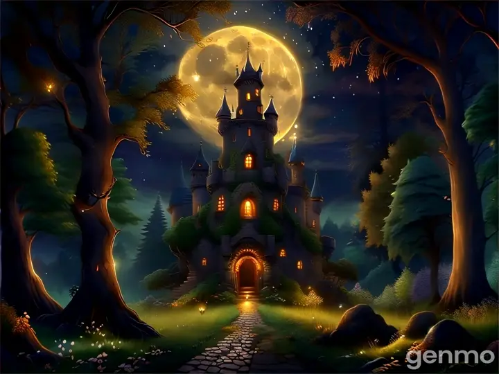 a castle with a pathway leading to it under a full moon