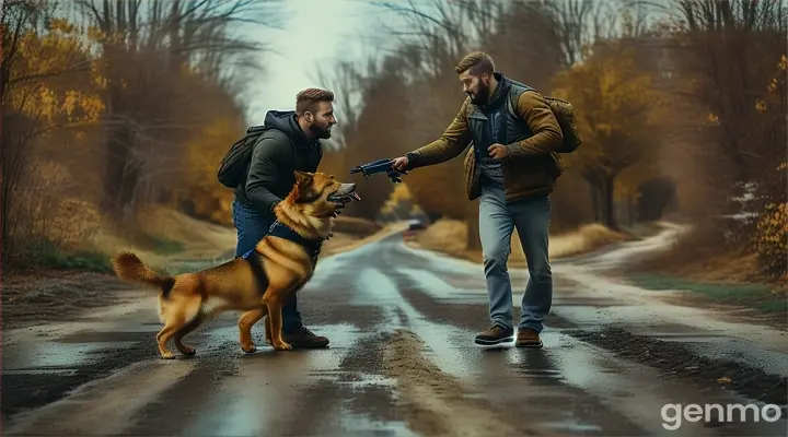 a man is playing with a dog in the middle of the road