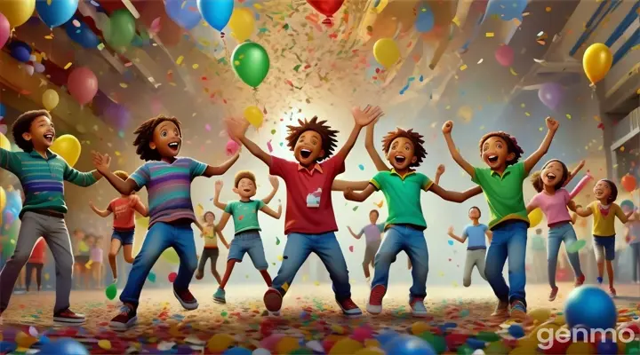 kids jumping in the air with balloons and confetti