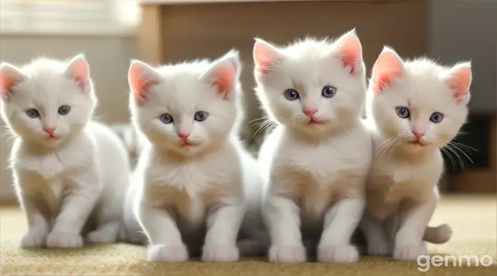 Six white little kittens jumping on a mat, 16:9