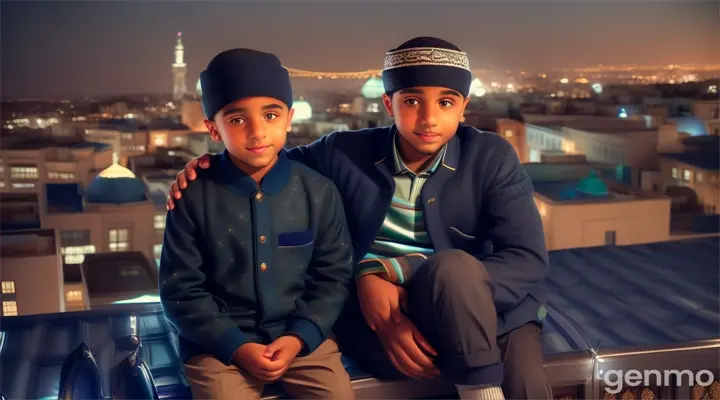 Two Muslim boys with their grandfather sitting on a rooftop under a starry sky, with the city skyline twinkling in the distance.