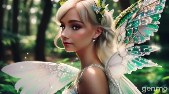 creation of white sparkling fairy in lush green forest 16:9