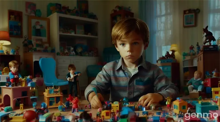 A medium shot of a young boy with a serious expression, playing with colorful dancing dolls that spin around a music box, set in a cluttered, nostalgic room filled with toys and old family photos.