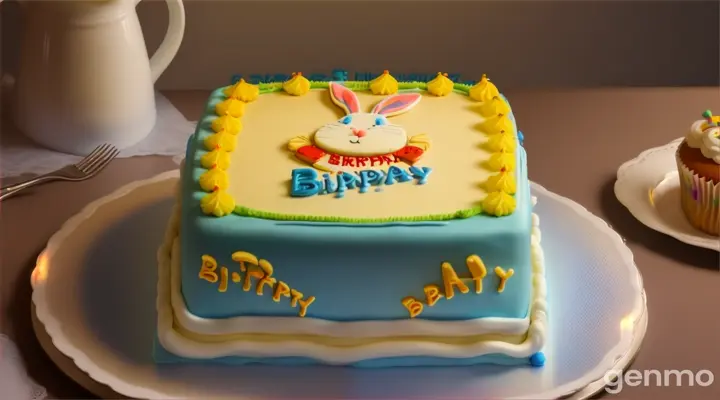 Square Birthday Cake, Blue Letters that read "Happy Birthday Slappa" bugs bunny image on cake, yellow frosting. 