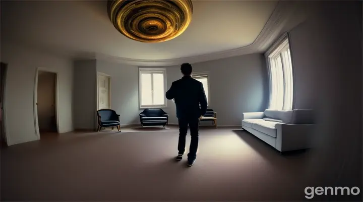 Surreal scene: A man wanders around the apartment and cannot orient himself, a space-time anomaly, a cyclical change in the interior space of the apartment within the framework of the theory of the multiverse, Consider using the Arri 35 III camera, * Choose a Zeiss Super Speed 50 mm and 85 mm lens 