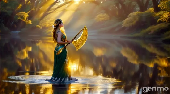  "The River Fairy rewards the woodcutter by giving him all three axes—the golden, silver, and iron. Hari stands in awe, holding the axes with gratitude. The fairy floats above the river, smiling kindly at Hari. The background shows the serene river and the forest bathed in the golden light of the setting sun."
