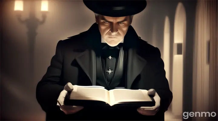 *A ghostly figure of a man in a black coat standing in a shadowy, cold room holding the cursed book.**