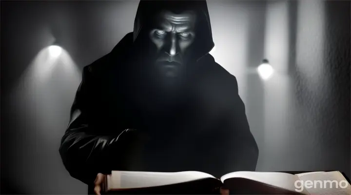 *A ghostly figure of a man in a black coat standing in a shadowy, cold room holding the cursed book.**