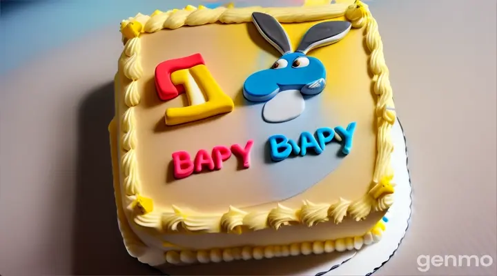 A mockup of a square birthday cake featuring a magnificent white Bugs Bunny sculpted out of frosted yellow cake, with the blue words 'Happy Birthday Slappa' in stylish stone serif letters on the side