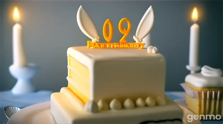 A mockup of a square birthday cake featuring a magnificent white Bugs Bunny sculpted out of frosted yellow cake, with the blue words 'Happy Birthday Slappa' in stylish stone serif letters on the side