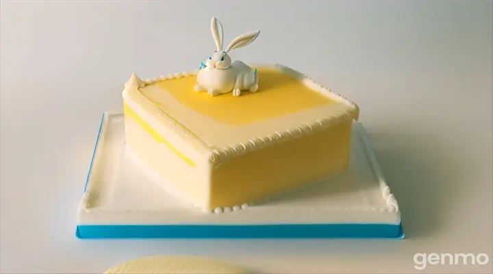 A mockup of a square birthday cake featuring a magnificent white Bugs Bunny sculpted out of frosted yellow cake, with the blue words 'Slappa' in stylish stone serif letters on the side