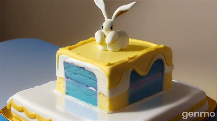 A mockup of a square birthday cake featuring a magnificent white Bugs Bunny sculpted out of frosted yellow cake, with the blue words 'Slappa' in stylish stone serif letters on the side