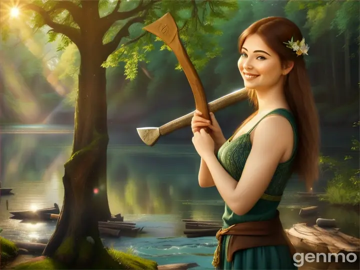 "The River Fairy finally holds an old, worn iron axe in her hands. Hari, the woodcutter, smiles with relief and joy as he recognizes his lost axe. The setting is the same peaceful riverside with the forest in the background."

