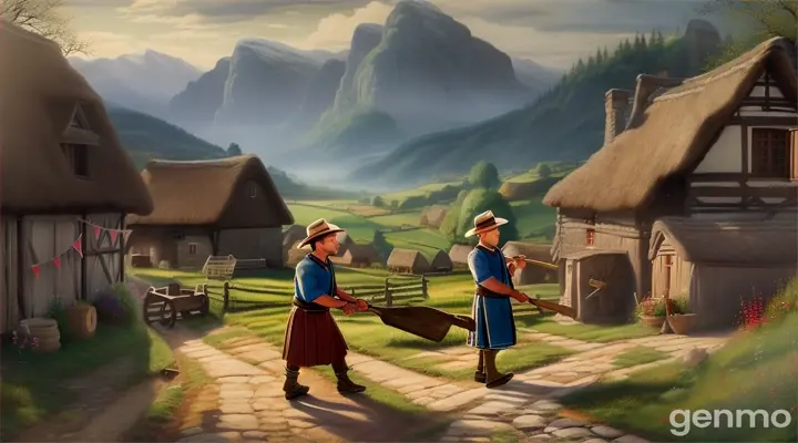  "Back in the village, the woodcutter shares his story with the villagers. Hari stands proudly holding the three axes while the villagers, dressed in simple clothing, gather around him with expressions of admiration and respect. The scene takes place in a quaint village with small thatched houses and a backdrop of distant mountains."

