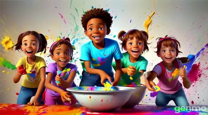  kids standing in front of a bowl of paint