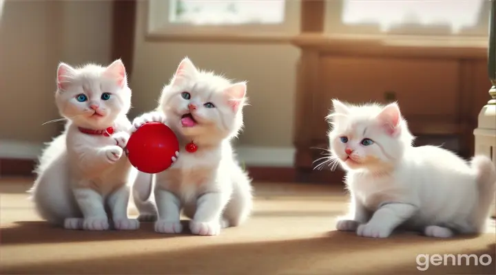 Four white little kittens playing with a red ball, 16:9