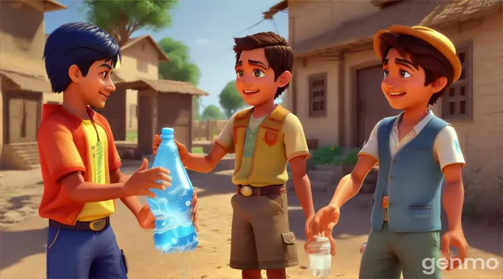 In 3D animation style'Ahmed and Bilal distributing water to the villagers.