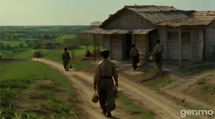 a man walking down a dirt road towards a small house