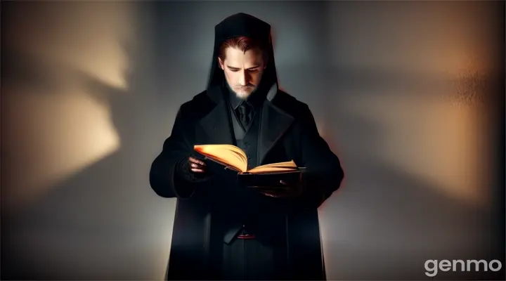 *A ghostly figure of a man in a black coat standing in a shadowy, cold room holding the cursed book.**