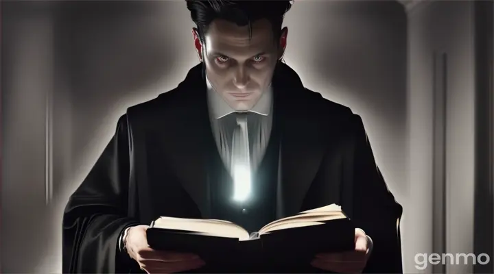 *A ghostly figure of a man in a black coat standing in a shadowy, cold room holding the cursed book.**