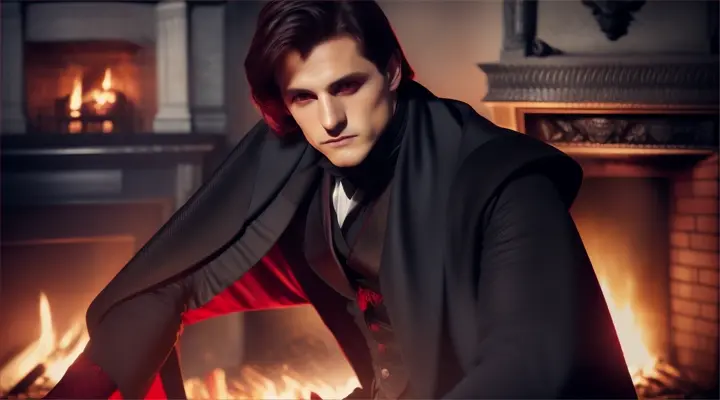 EL vampiro de Polidori junto a una chimenea con fuego