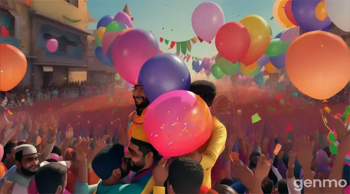 In 3D animation style'Ahmed and Bilal sharing a moment of celebration with the villagers.