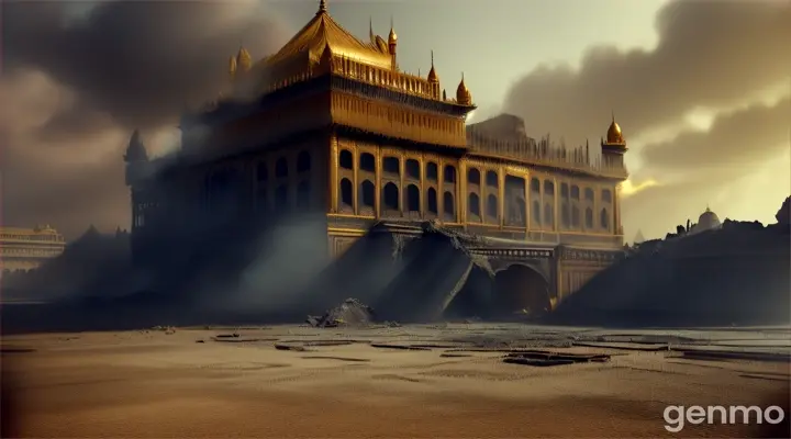 **The Palace Crumbling:**
    - The golden palace falling apart into dust and debris, highlighting the lack of care and kindness in its creation