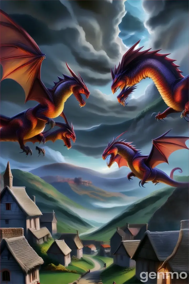 a painting of three red dragon flying over a village