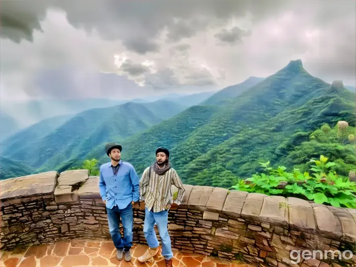 a couple of men standing on top of a stone wall