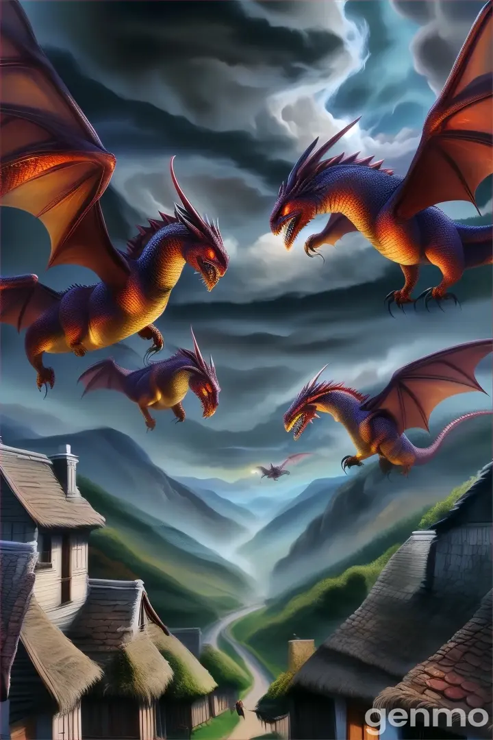 a painting of three red dragon flying over a village