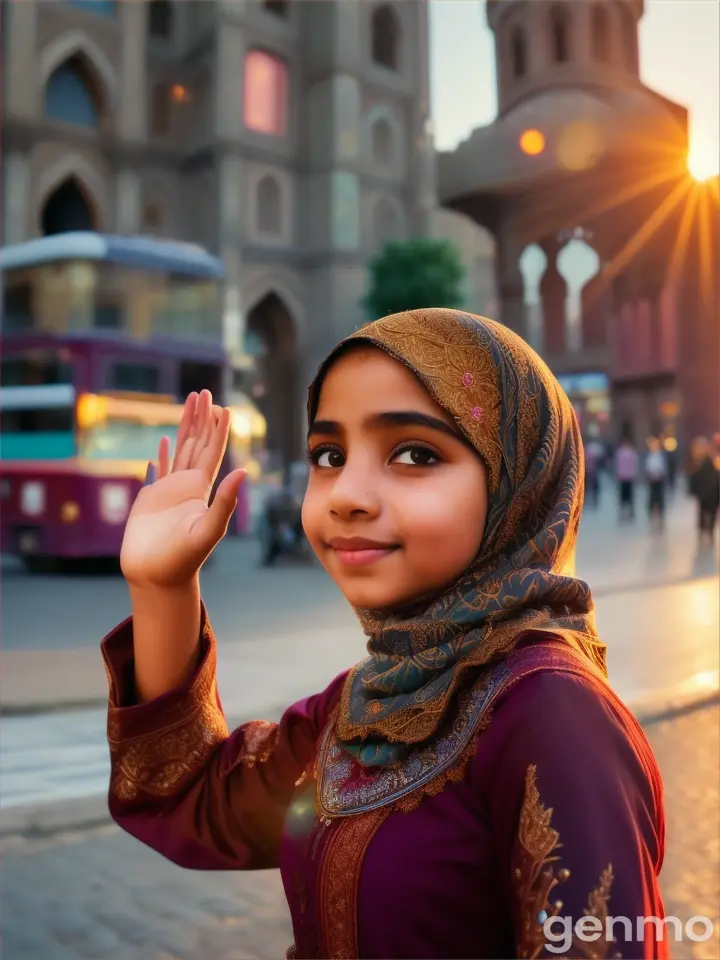 A Muslim girl is waving goodbye 