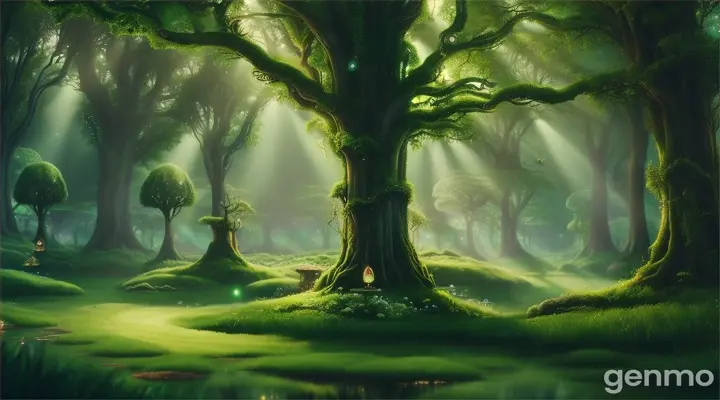 creation of green sparkling fairies do magic  in lush green forest 16:9