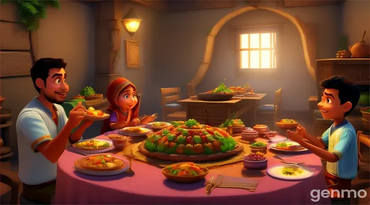 In 3D animation style'A thank-you feast organized by the villagers for Ahmed and Bilal.