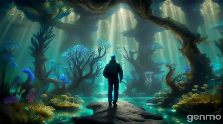 magic blue underwater forest. A man walks in and is confronted by a giant octopus.