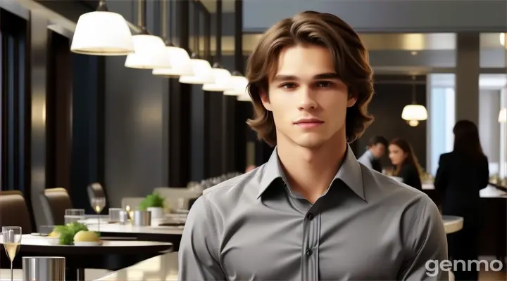 inside the fancy restaurant, a young man with Fringe long brown hair in grey long sleeve formal shirt standing a the table talking to someone