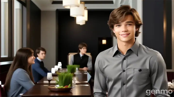 inside the fancy restaurant, a smiling young man with Fringe long brown hair in grey long sleeve formal shirt standing a the table talking to someone