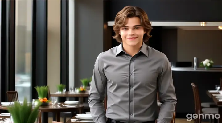 inside the fancy restaurant, a smiling young man with Fringe long brown hair in grey long sleeve formal shirt standing a the table talking to someone